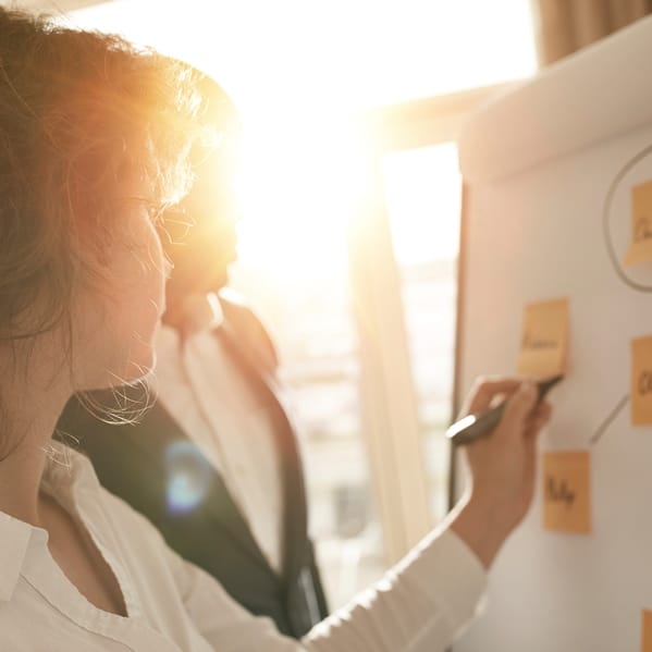 Business associates putting their ideas on flipchart Picture of a lady at a flip chat - executive coaching