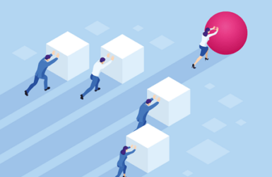 Leading innovation programme Picture of a person pushing a ball further than people pushing boxes