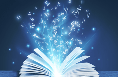 Narrative programme Picture of an open book with letters come out