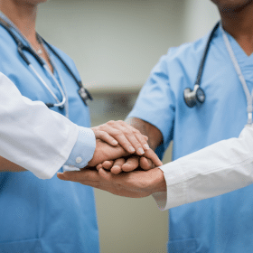 4 doctors of different nationalities and genders stacking hands in a circle